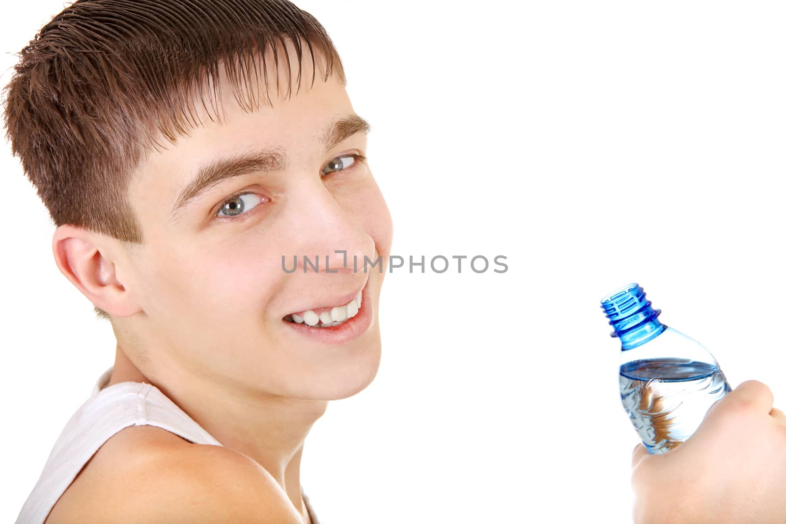 Happy Teenager with Bottle of Water on the White Background