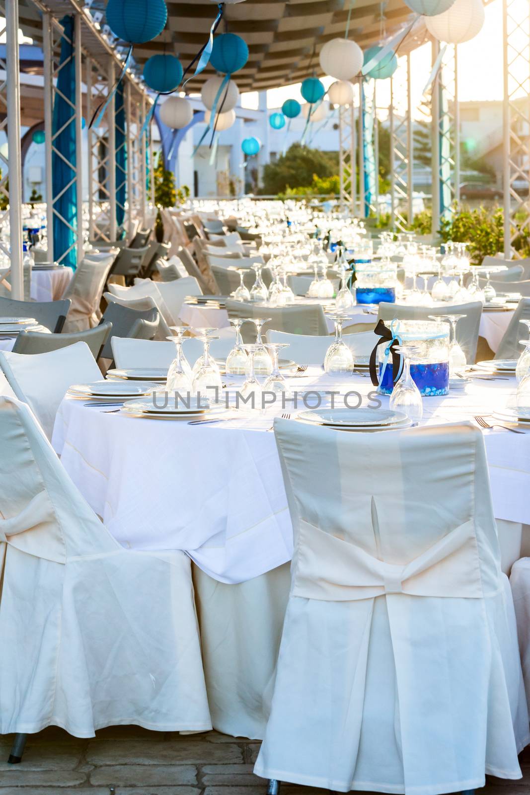 Table setting for an event party at outdoor cafe