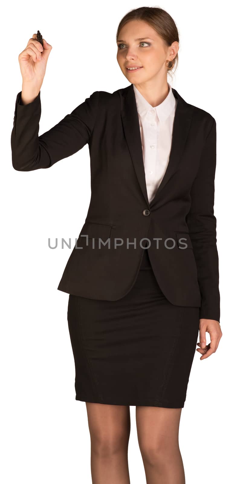 Beautiful girl in business suit holding pen and writing by cherezoff