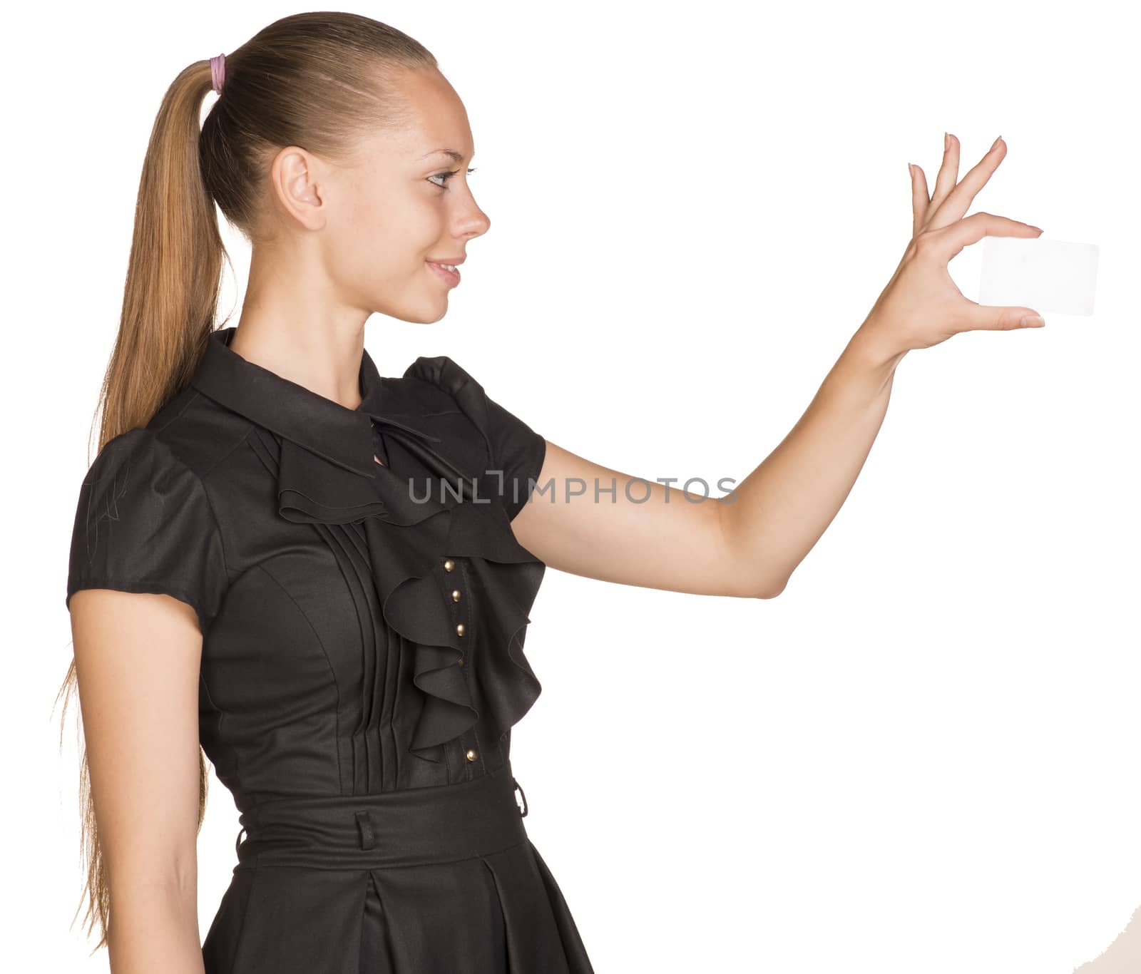 Woman holding small imaginary object with two fingers by cherezoff