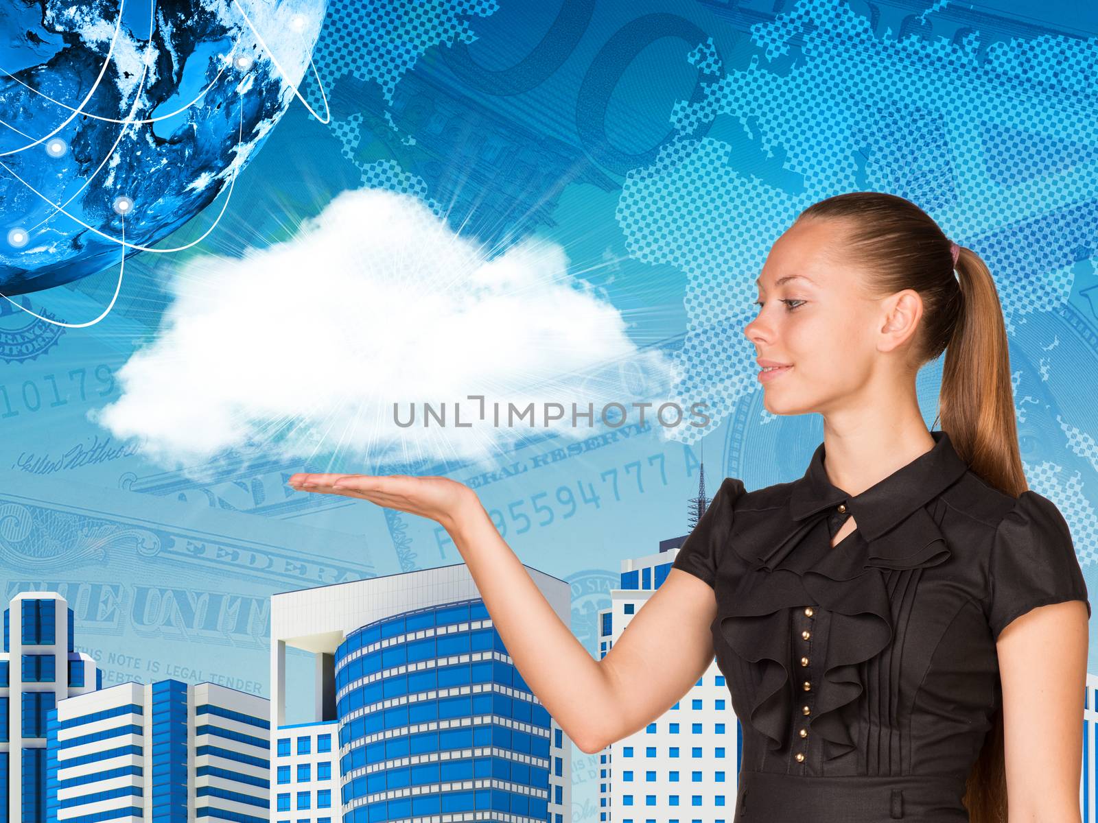 Beautiful businesswoman in dress holding cloud. Buildings and Earth as backdrop. Elements of this image are furnished by NASA