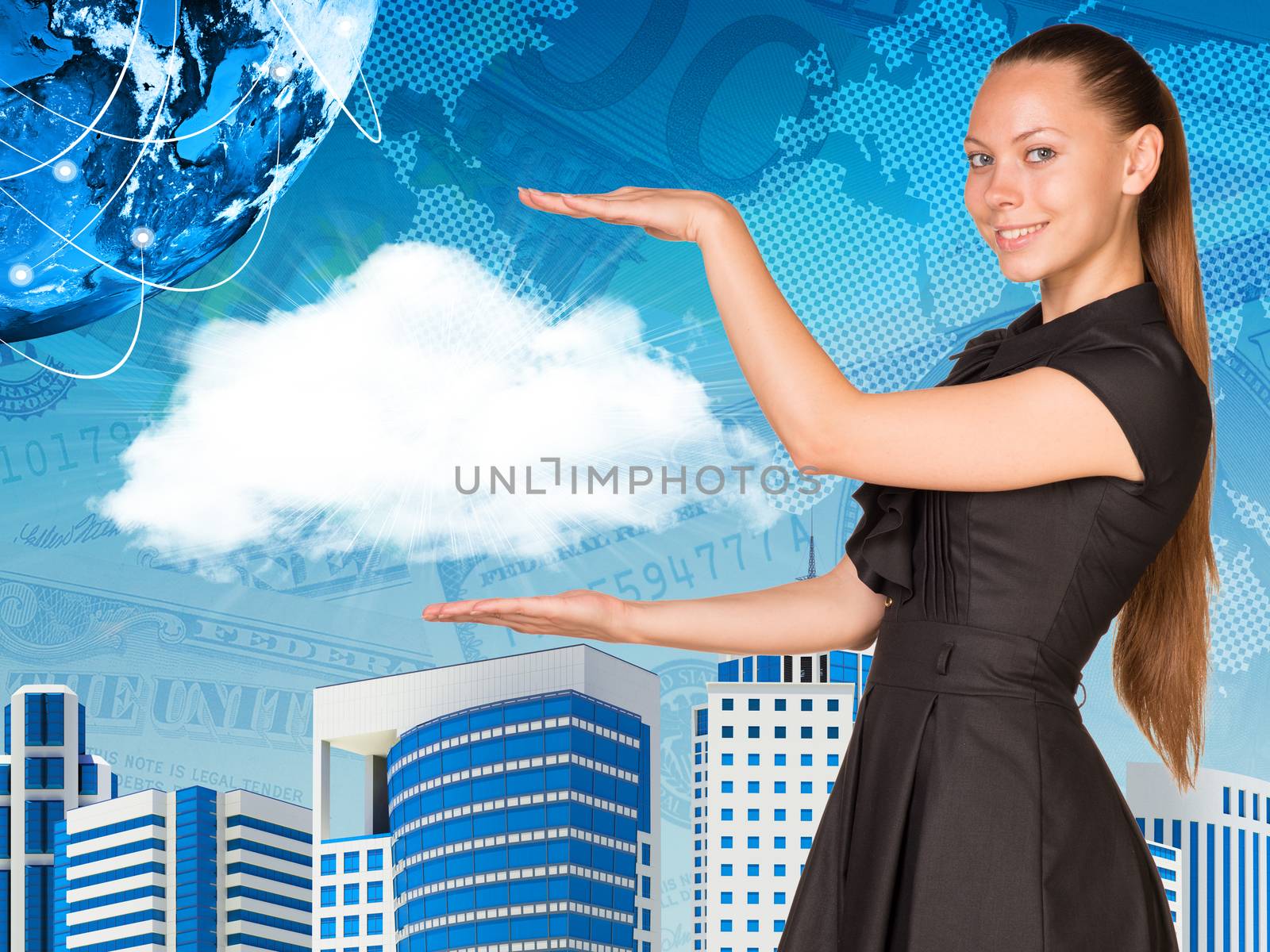 Beautiful businesswoman in dress holding cloud. Buildings and Earth as backdrop. Elements of this image are furnished by NASA