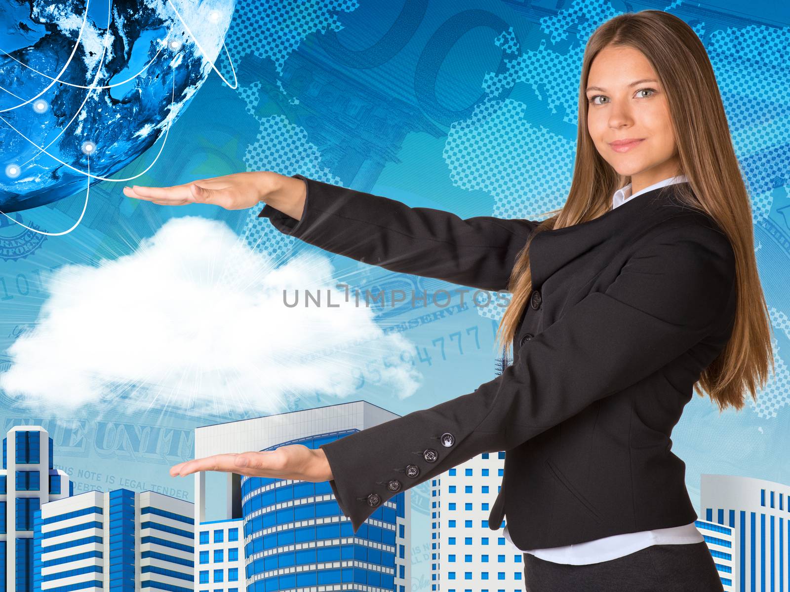 Beautiful businesswoman in suit holding cloud. Buildings and Earth as backdrop. Elements of this image are furnished by NASA