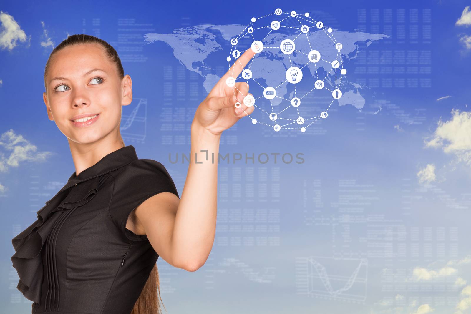 Beautiful businesswoman in dress presses finger virtual sphere of icons by cherezoff