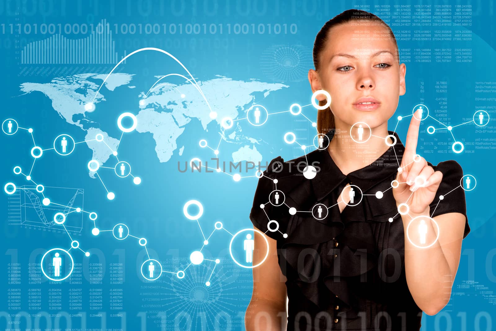 Beautiful businesswoman in dress presses finger virtual network contact. World map with graphs as backdrop