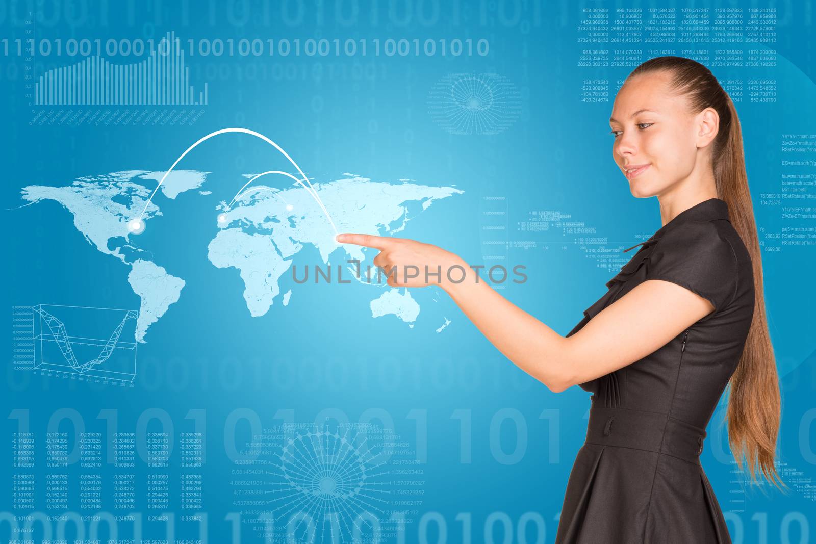 Beautiful businesswoman in dress presses finger virtual map of world. Graphs as backdrop