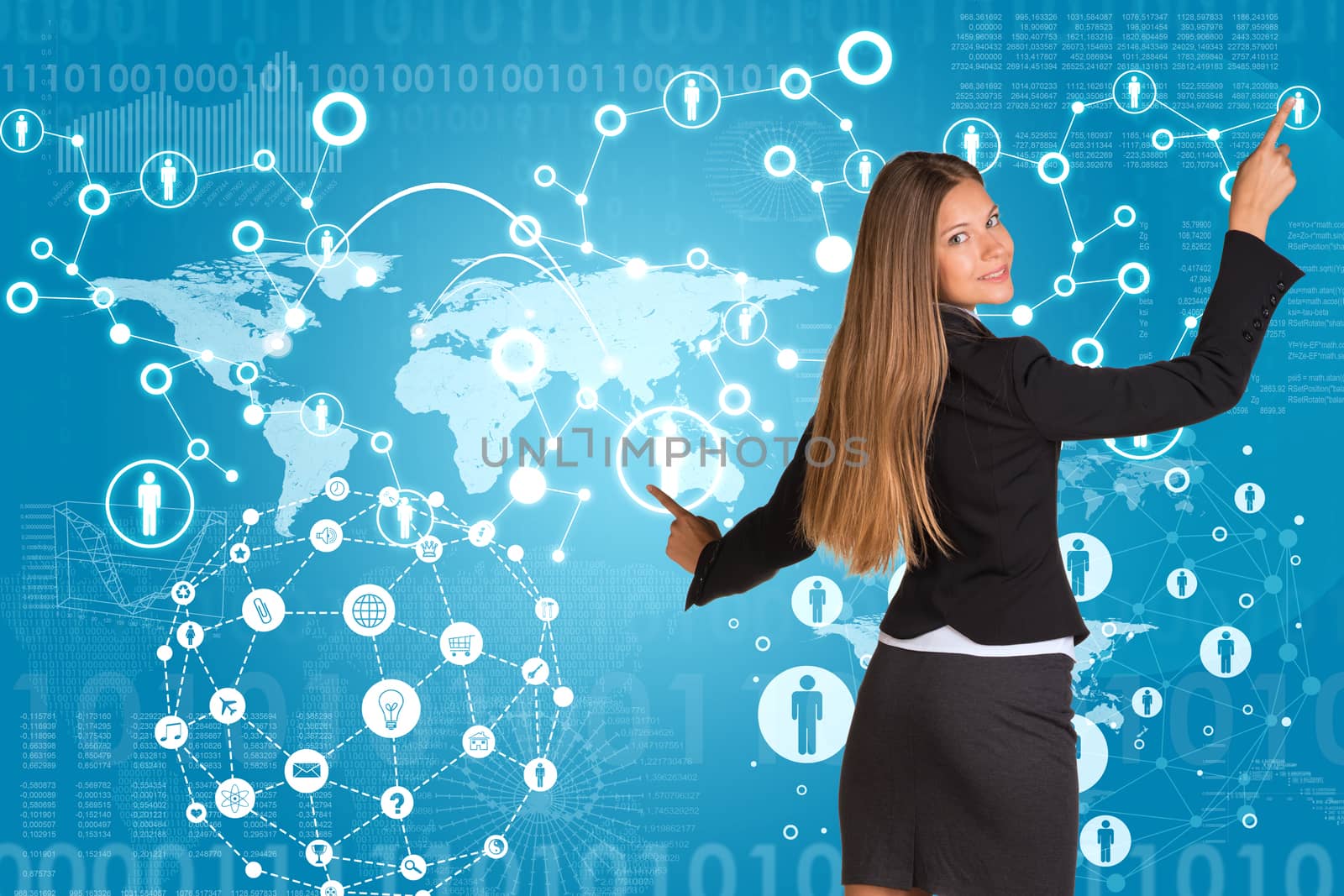 Beautiful businesswoman in suit presses fingers virtual network contacts. World map with graphs as backdrop