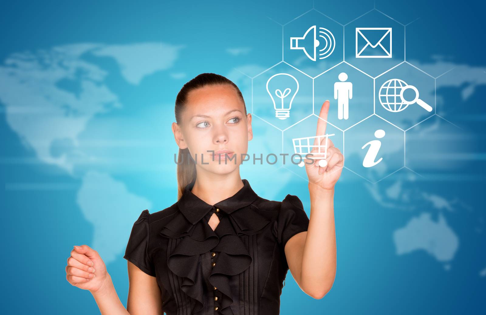 Beautiful businesswoman in dress finger presses virtual button. World map as backdrop