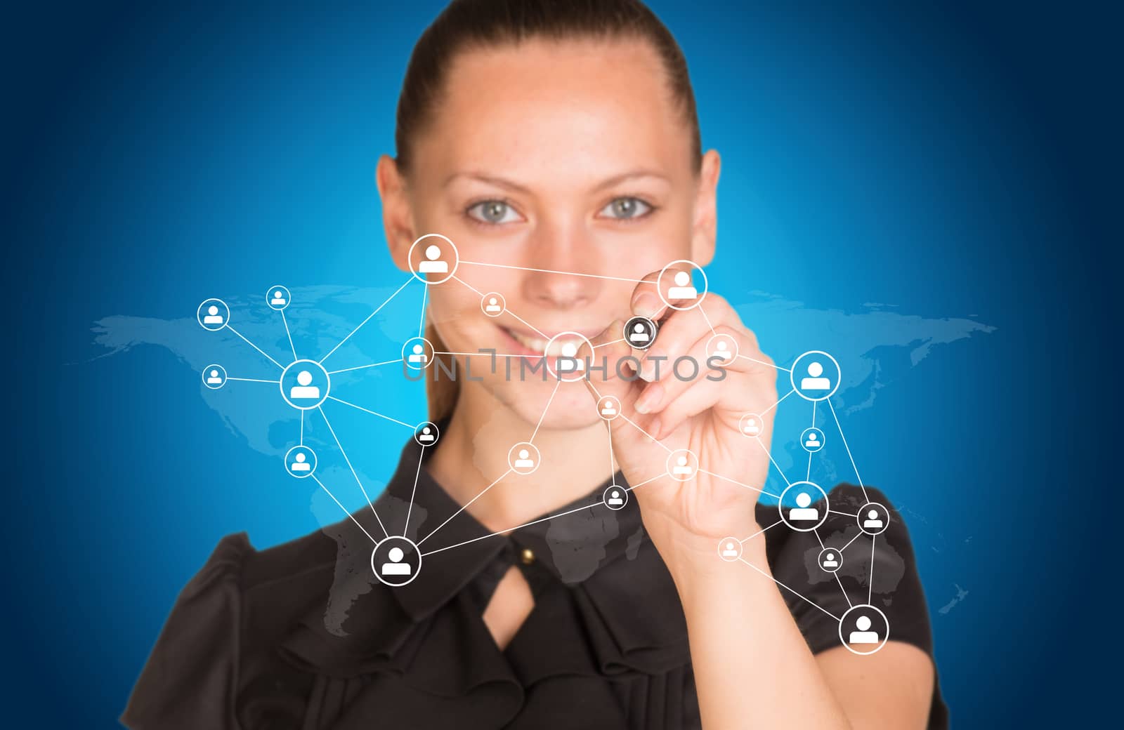 Beautiful businesswoman in dress presses virtual network by cherezoff