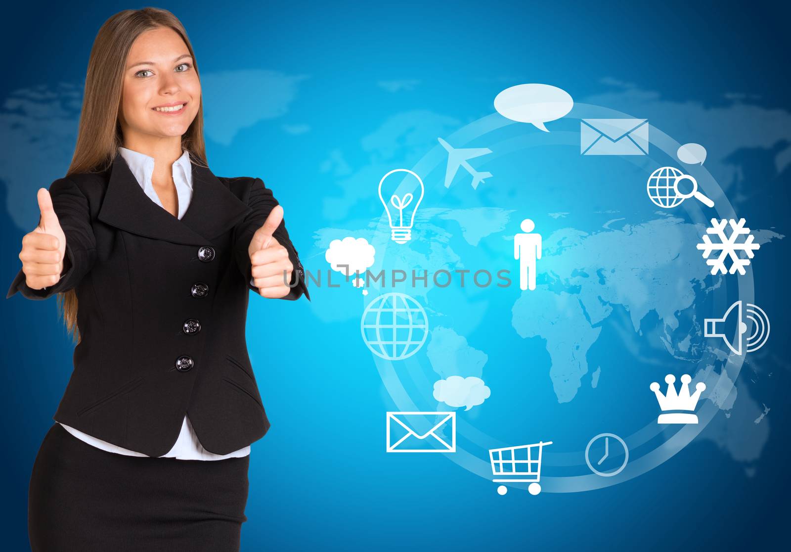 Beautiful businesswoman showing thumbs-up. Icons and world map as backdrop