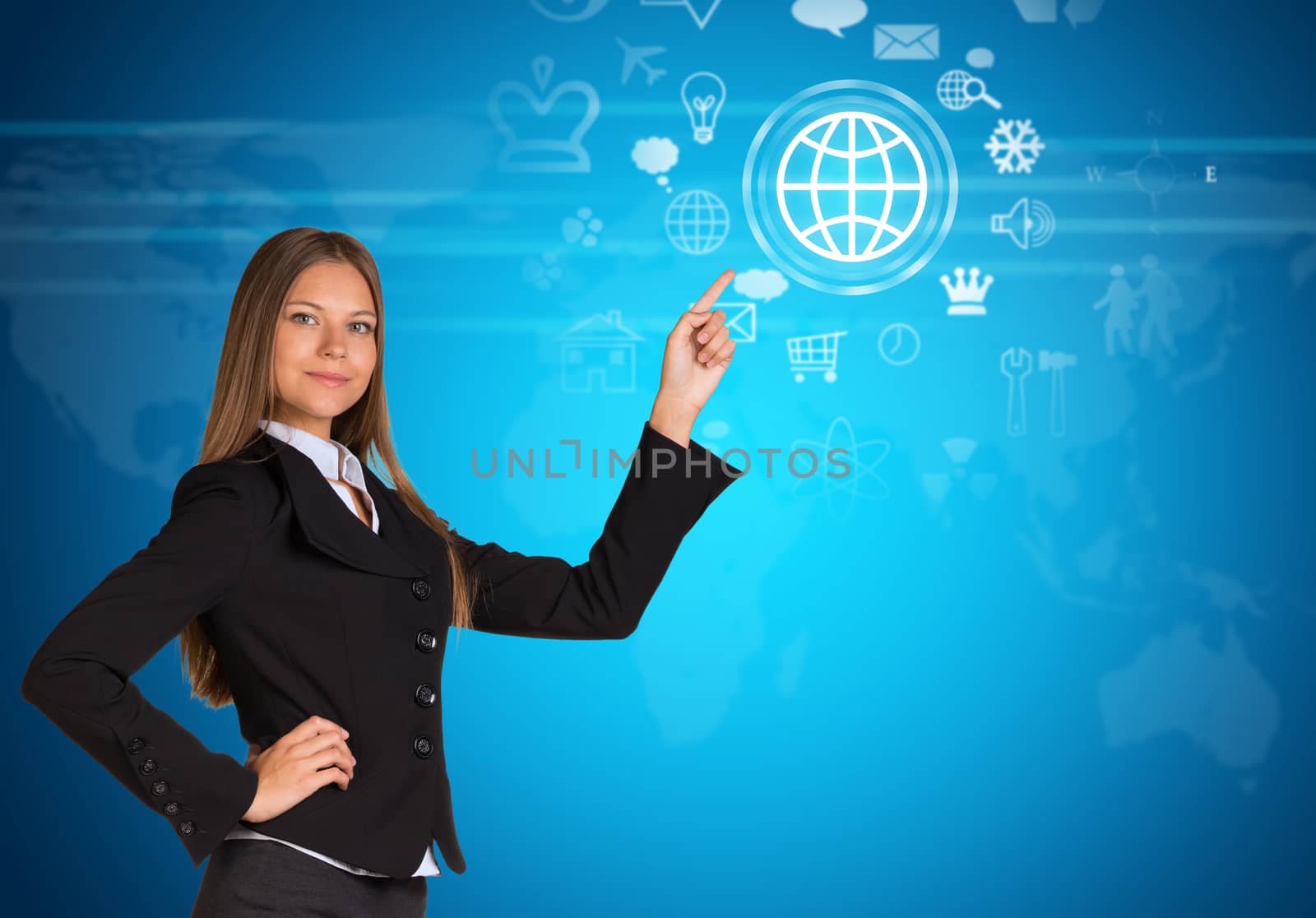 Beautiful businesswoman in suit finger points to virtual button. World map as backdrop