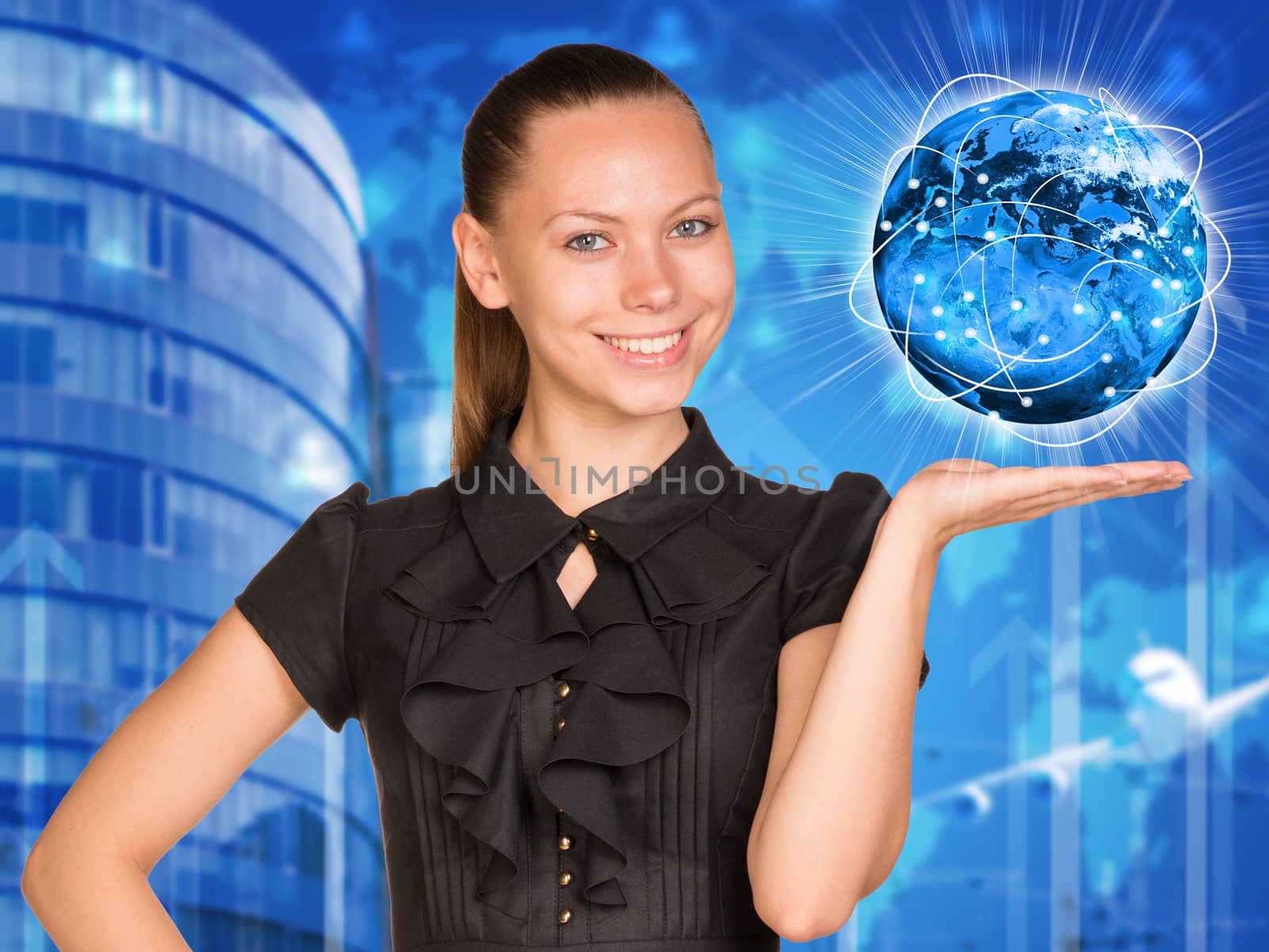 Beautiful businesswoman in dress holding cloud. Office and arrows as backdrop. Elements of this image are furnished by NASA