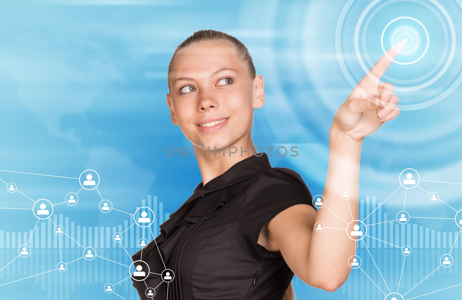 Beautiful businesswoman in dress finger presses virtual button. Graphs as backdrop