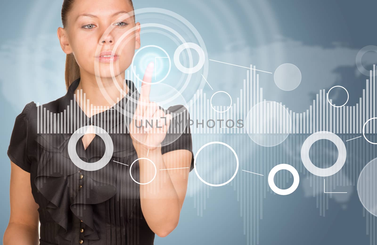 Beautiful businesswoman in dress finger presses virtual button. Graphs as backdrop