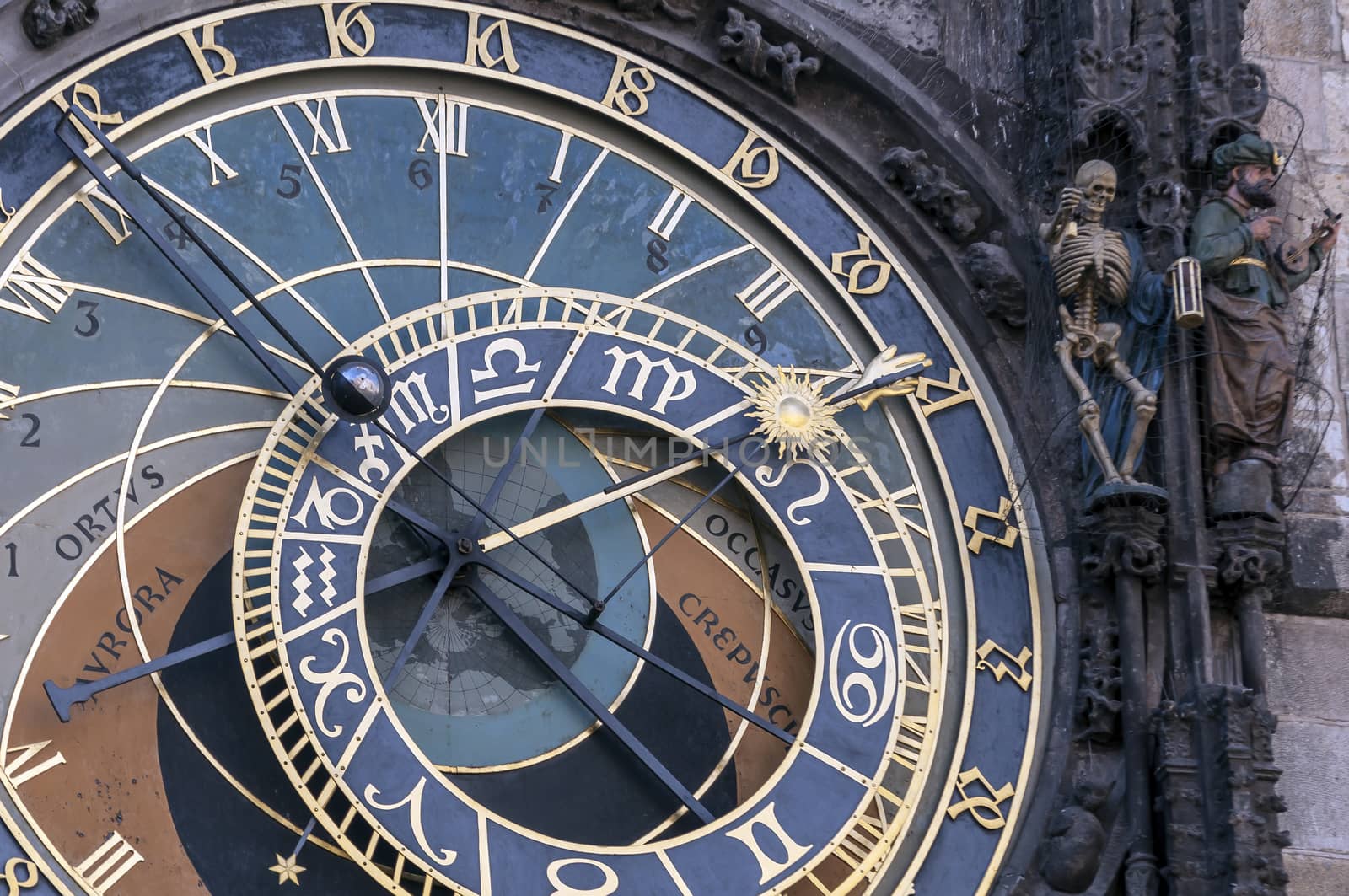 Close up view of the astronomical clock of Prague, Czech Republic.