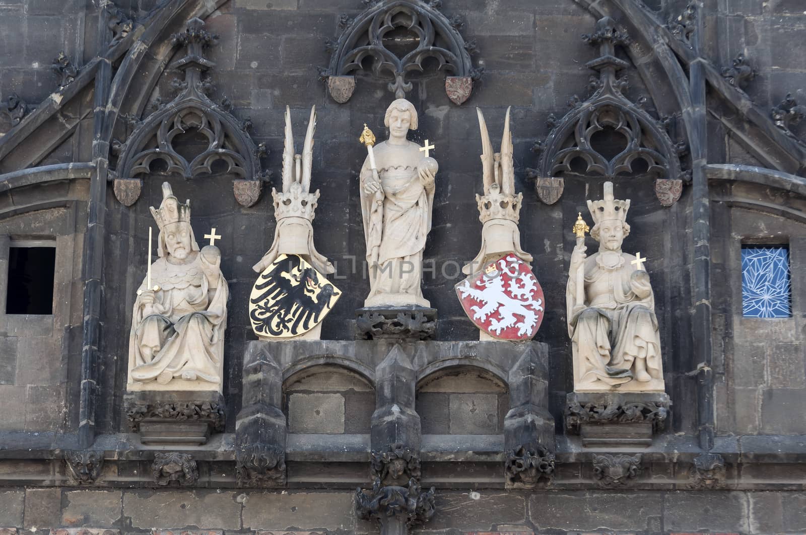 Close up view of the historic Charles Bridge Tower in Prague, Czech Republic.