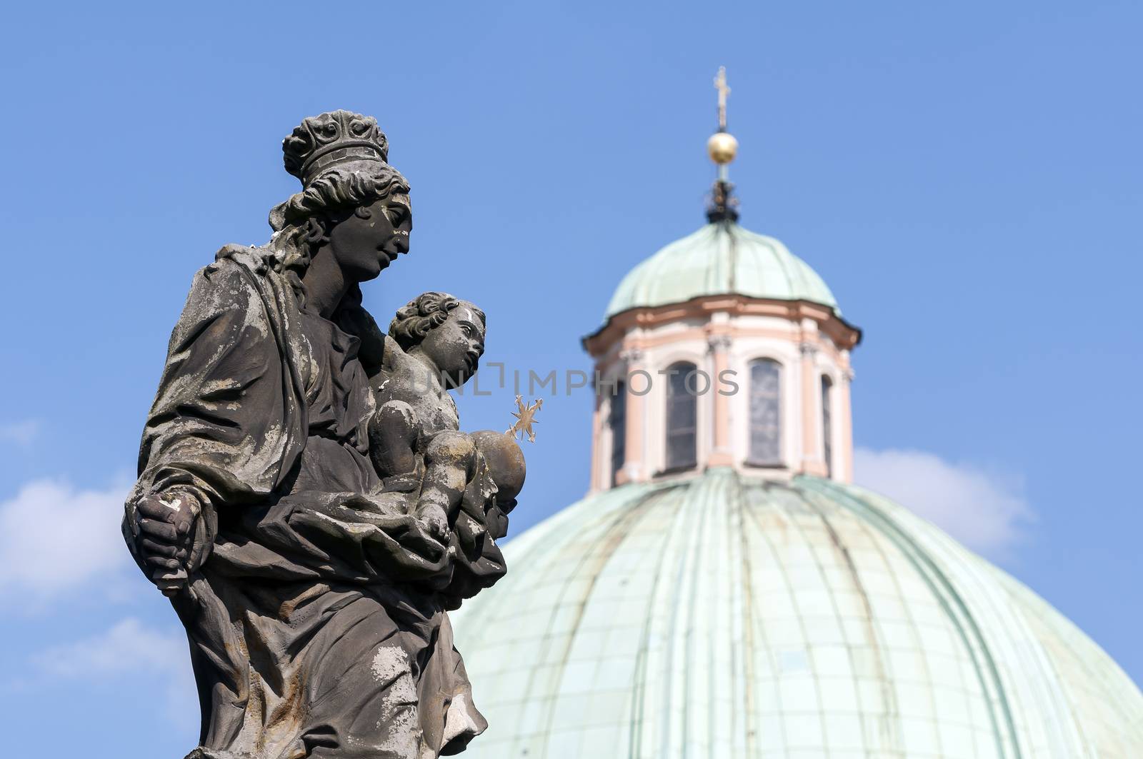 Virgin Mary and child Christ statue on the Charles Bridge, Prague, Czech Republic.