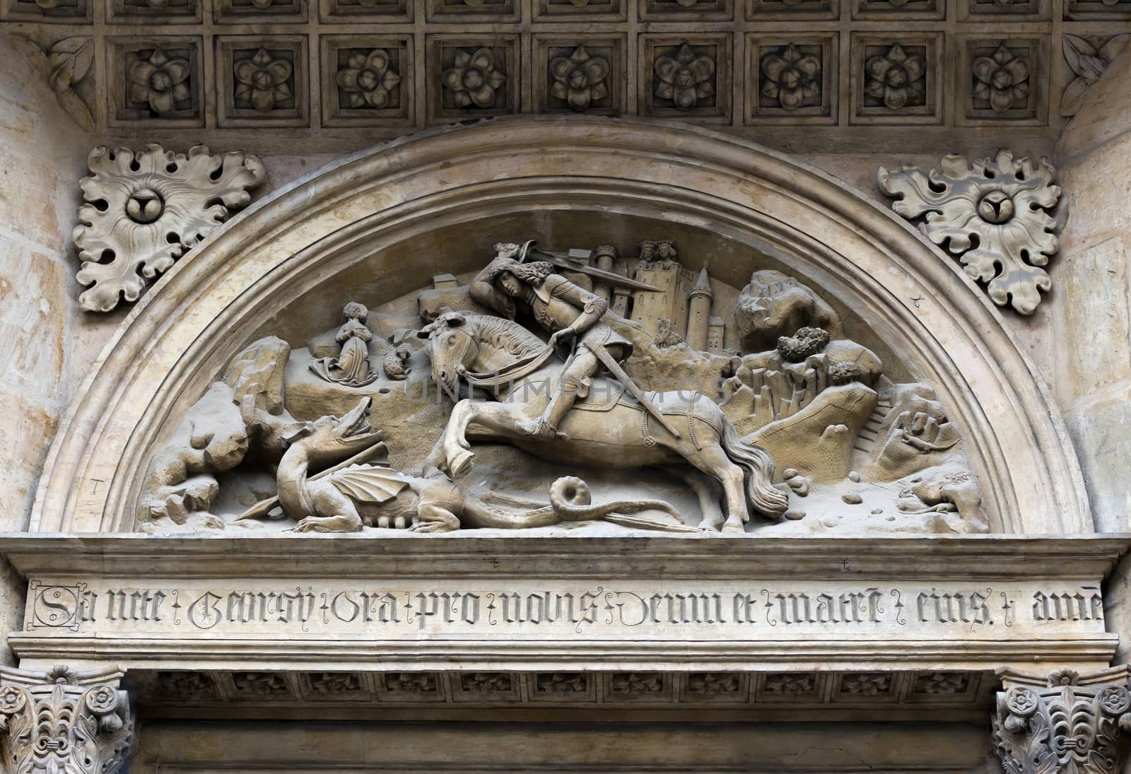 Anaglyph of the St George and  dragon on the basilica St George on Prague castle. Prague, Czech republic.