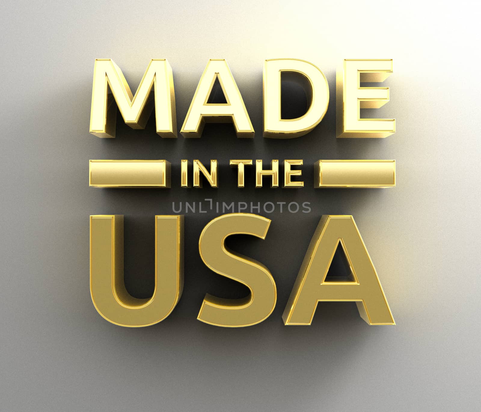 Made in the USA - gold 3D quality render on the wall background with soft shadow.