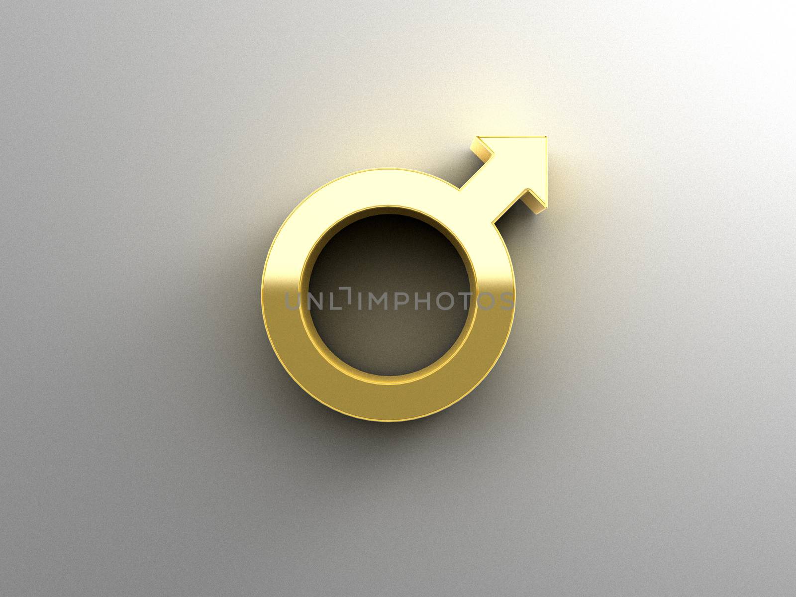 Male sex signs - gold 3D quality render on the wall background with soft shadow.