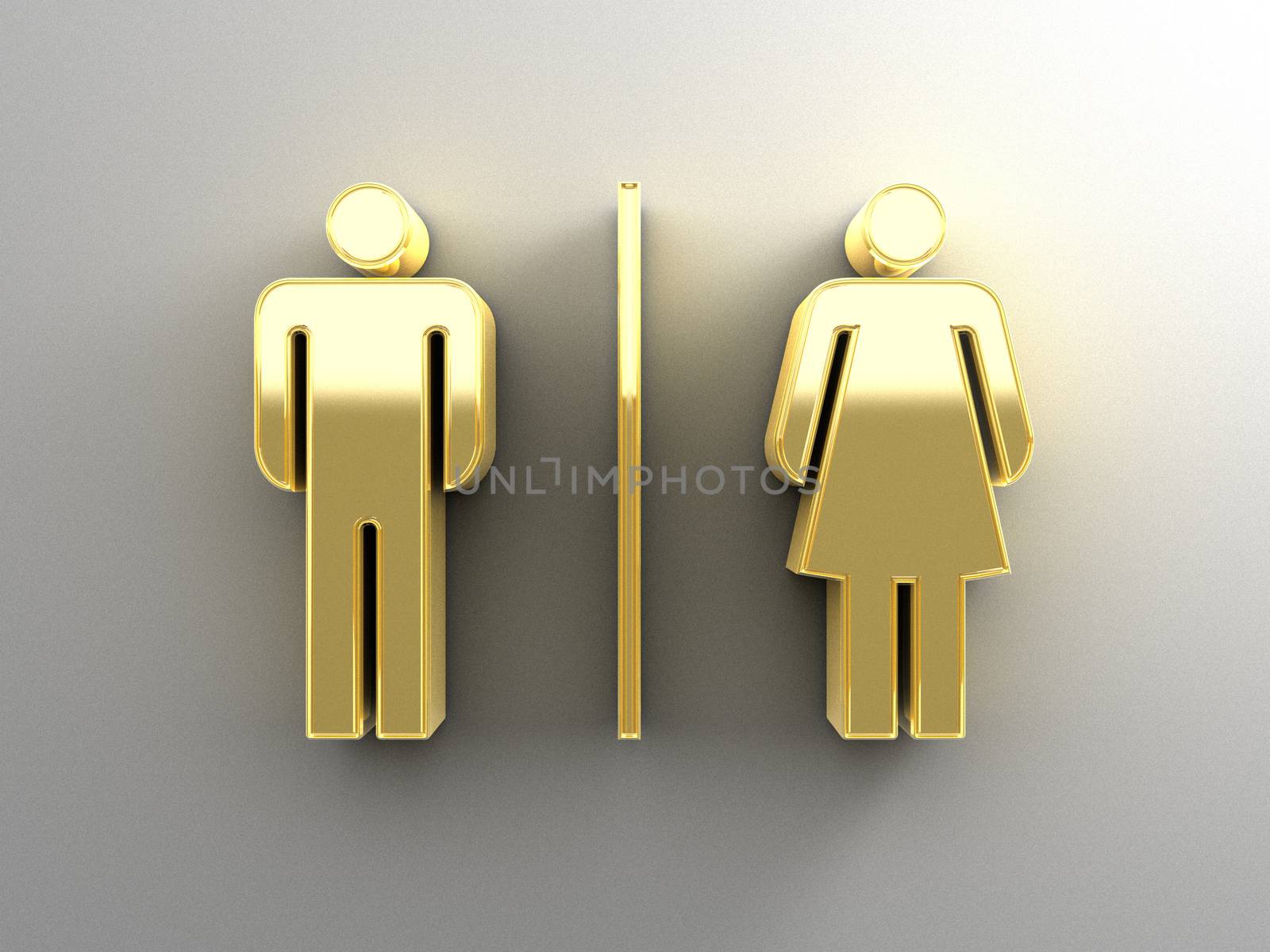 Male and female sex signs - gold 3D quality render on the wall background with soft shadow.