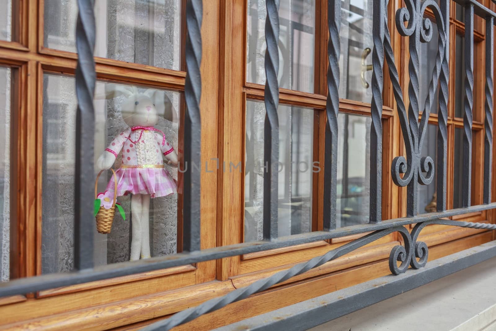 Sad picture of an imprisoned plush staring at window glass.