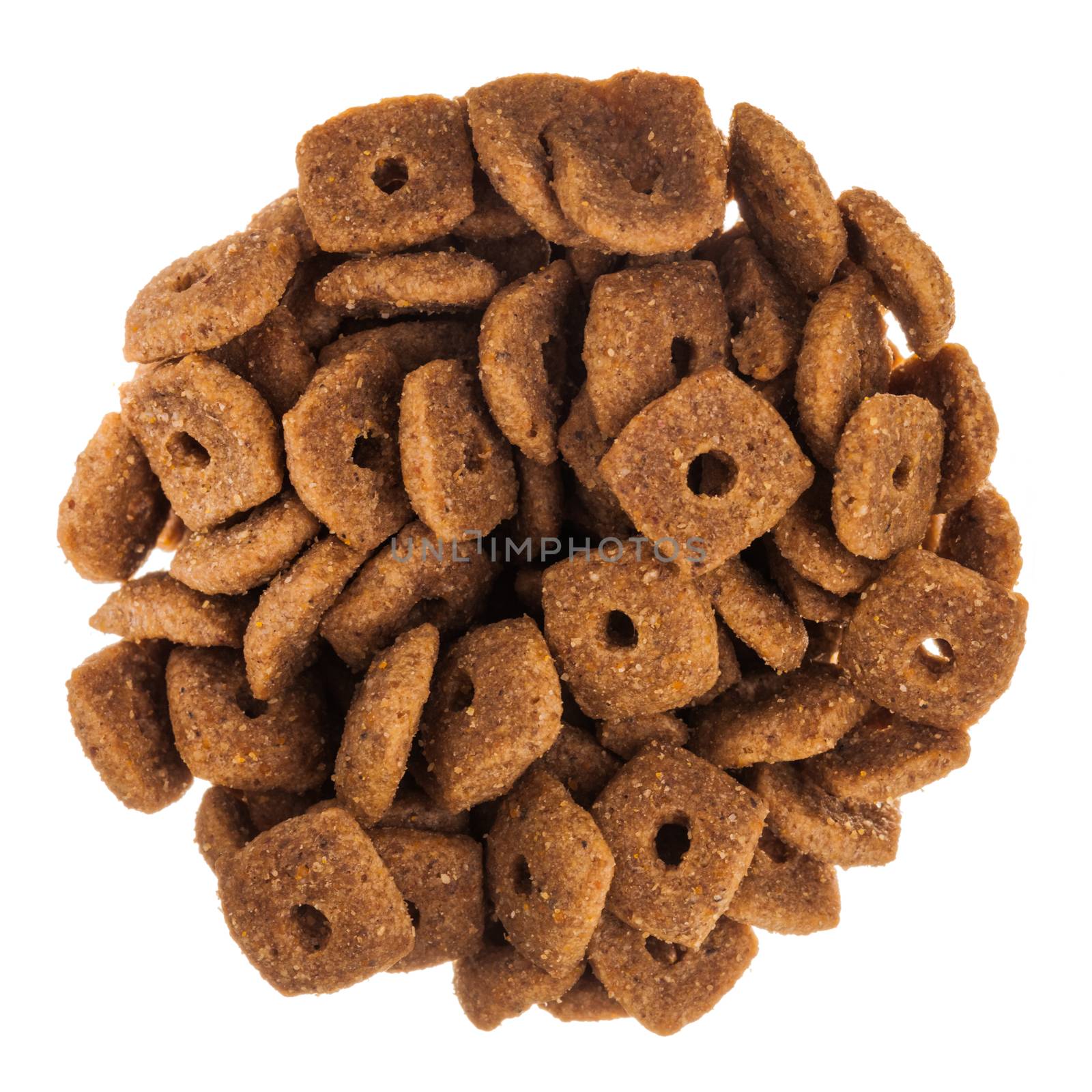 Closeup of Dry Cat food on a circle Isolated on White Background