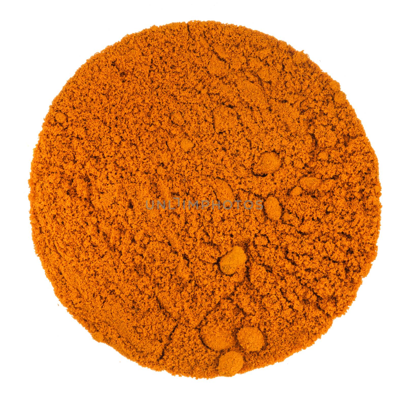 Turmeric Powder Macro Texture on aPerfect Circle Isolated on White Background