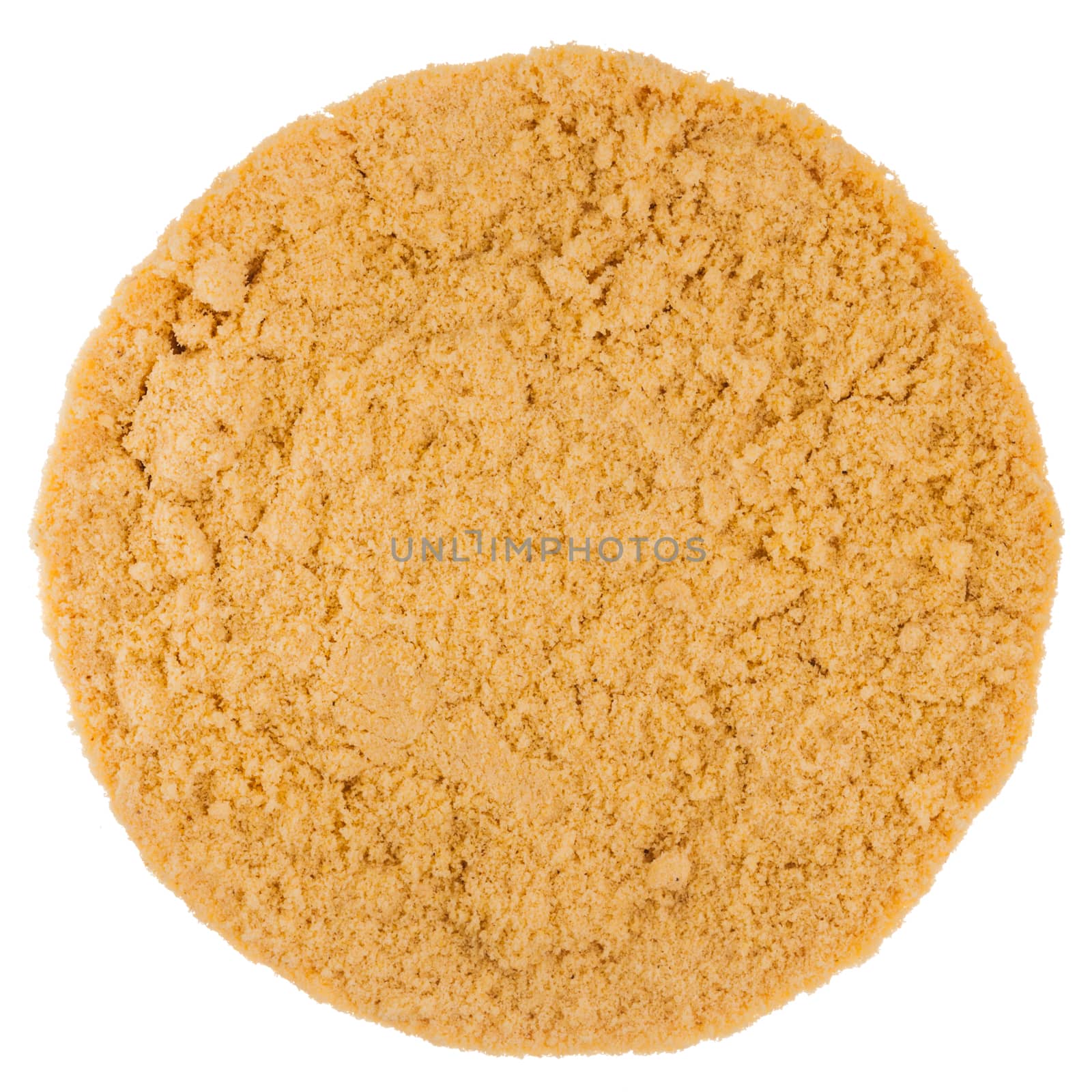 Extreme Macro Closeup of Mustard Powder texture in Circle Isolated on White Background