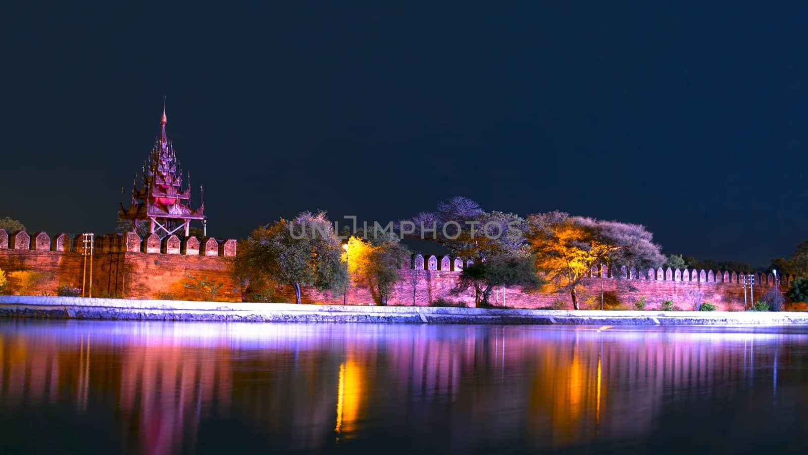 Bastion of Mandalay Palace at Night in Myanmar.