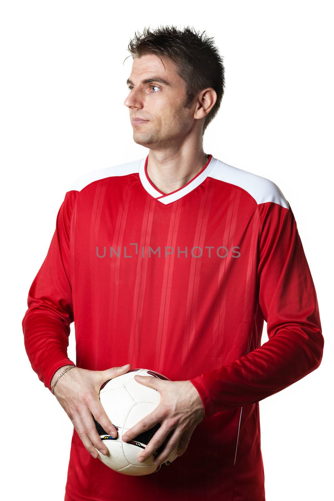 Image of soccer player with soccer ball and red shirt on white background