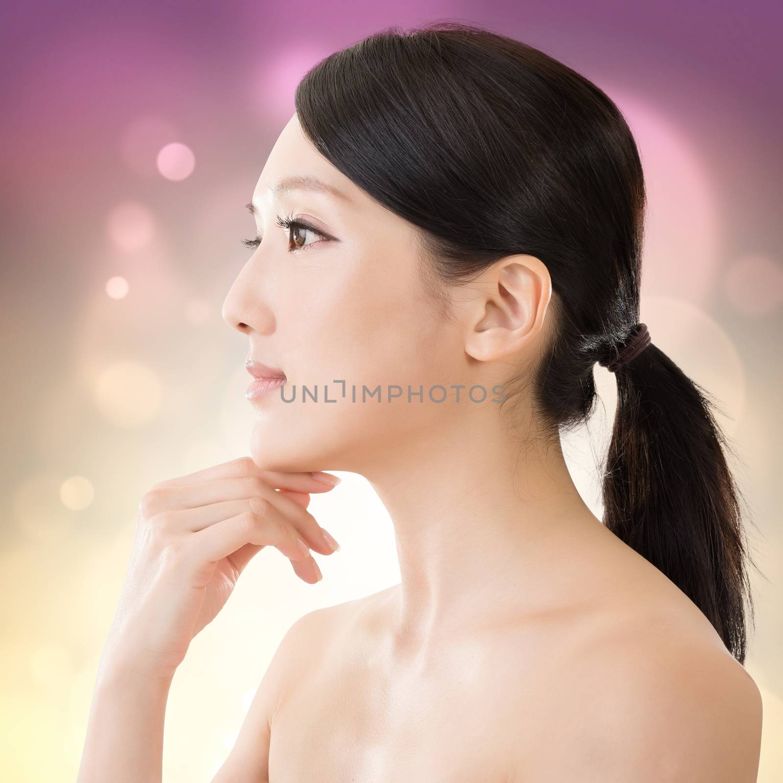 Asian beauty face closeup portrait with clean and fresh elegant lady.