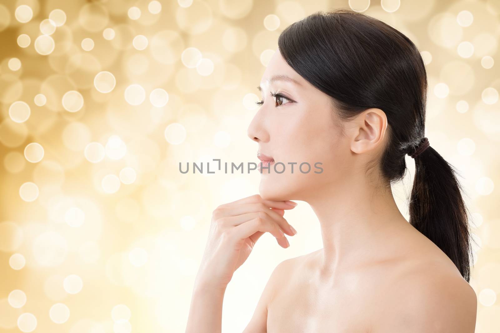 Asian beauty face closeup portrait with clean and fresh elegant lady.