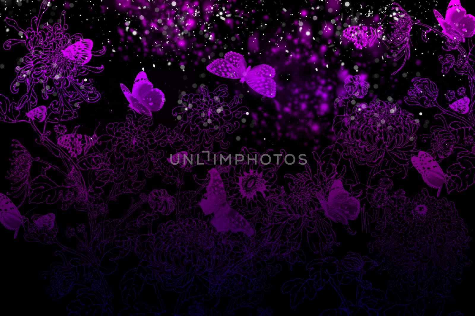 Butterflies and flowers in diffuse background