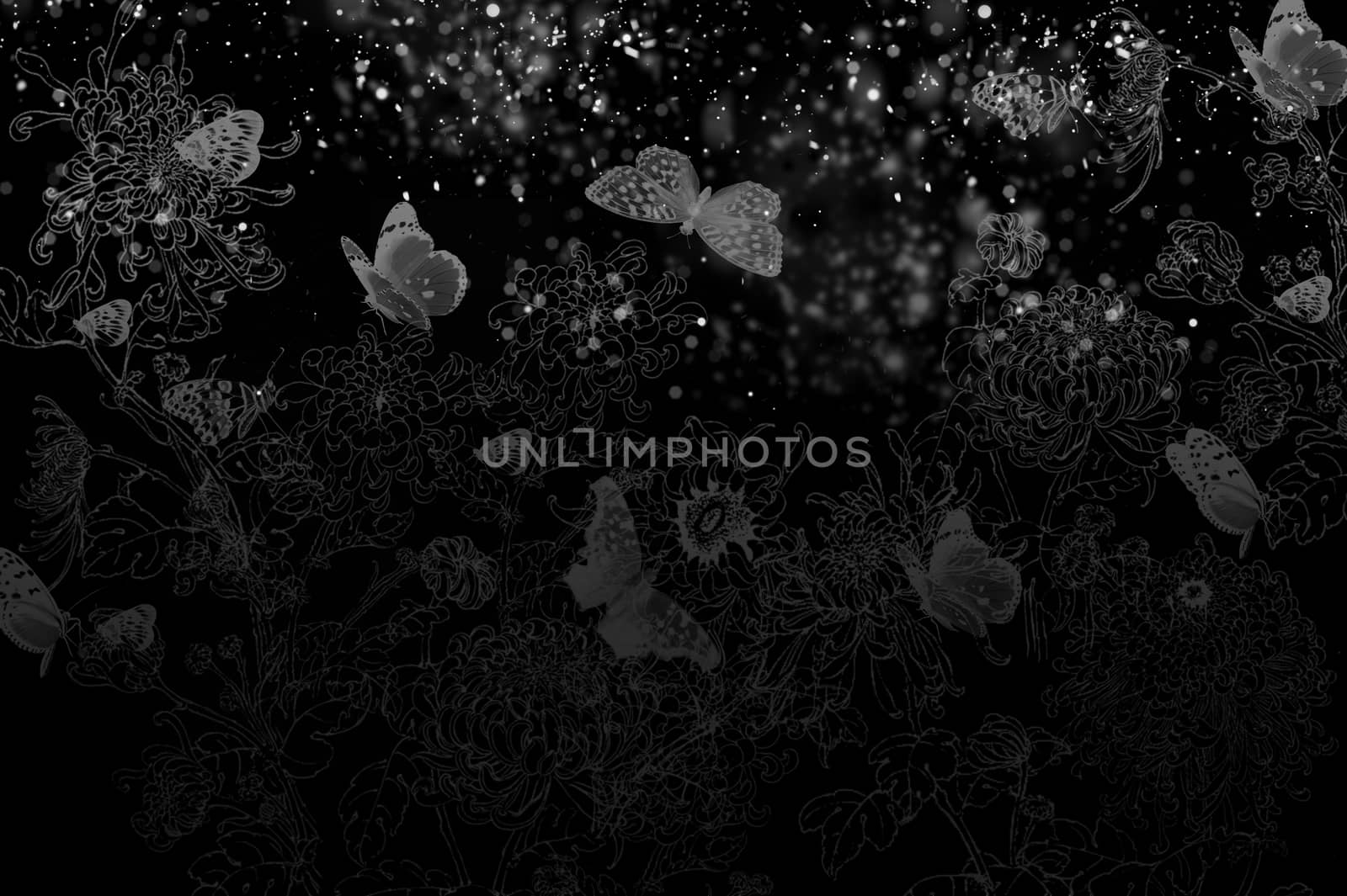 Butterflies and flowers in diffuse background by Noppharat_th