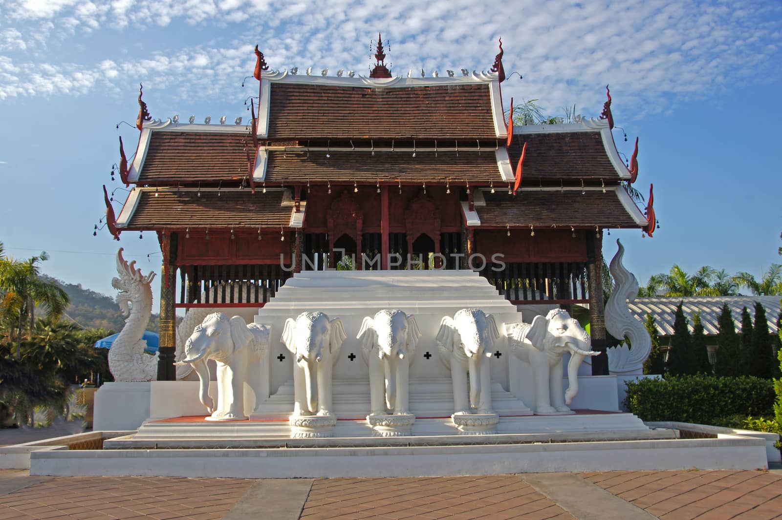 White elephant statue in the park. Chiang Mai Province. Northern Thailand.