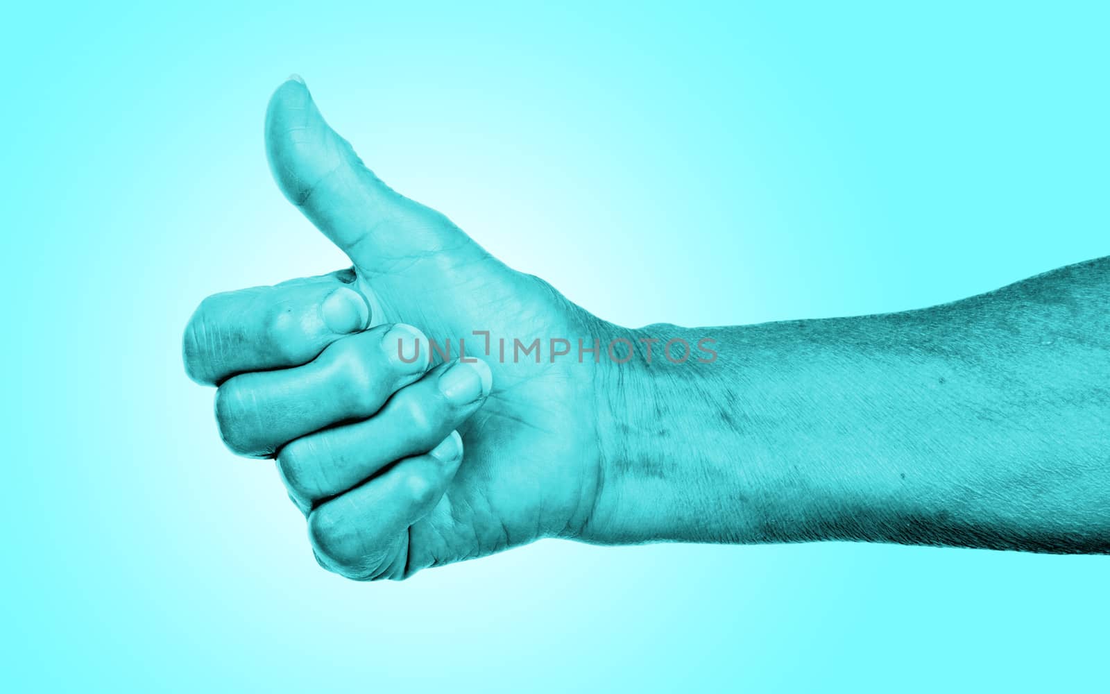 Old woman with arthritis giving the thumbs up sign, blue skin