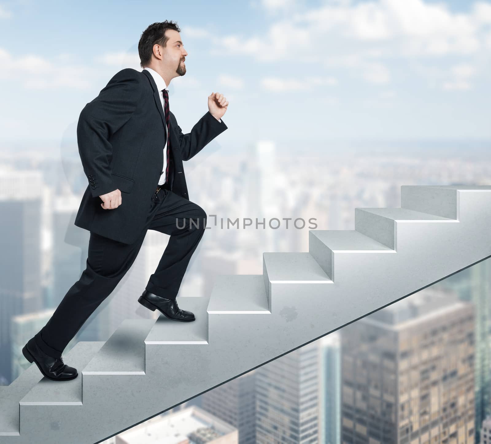 An image of a handsome business man moving upwards