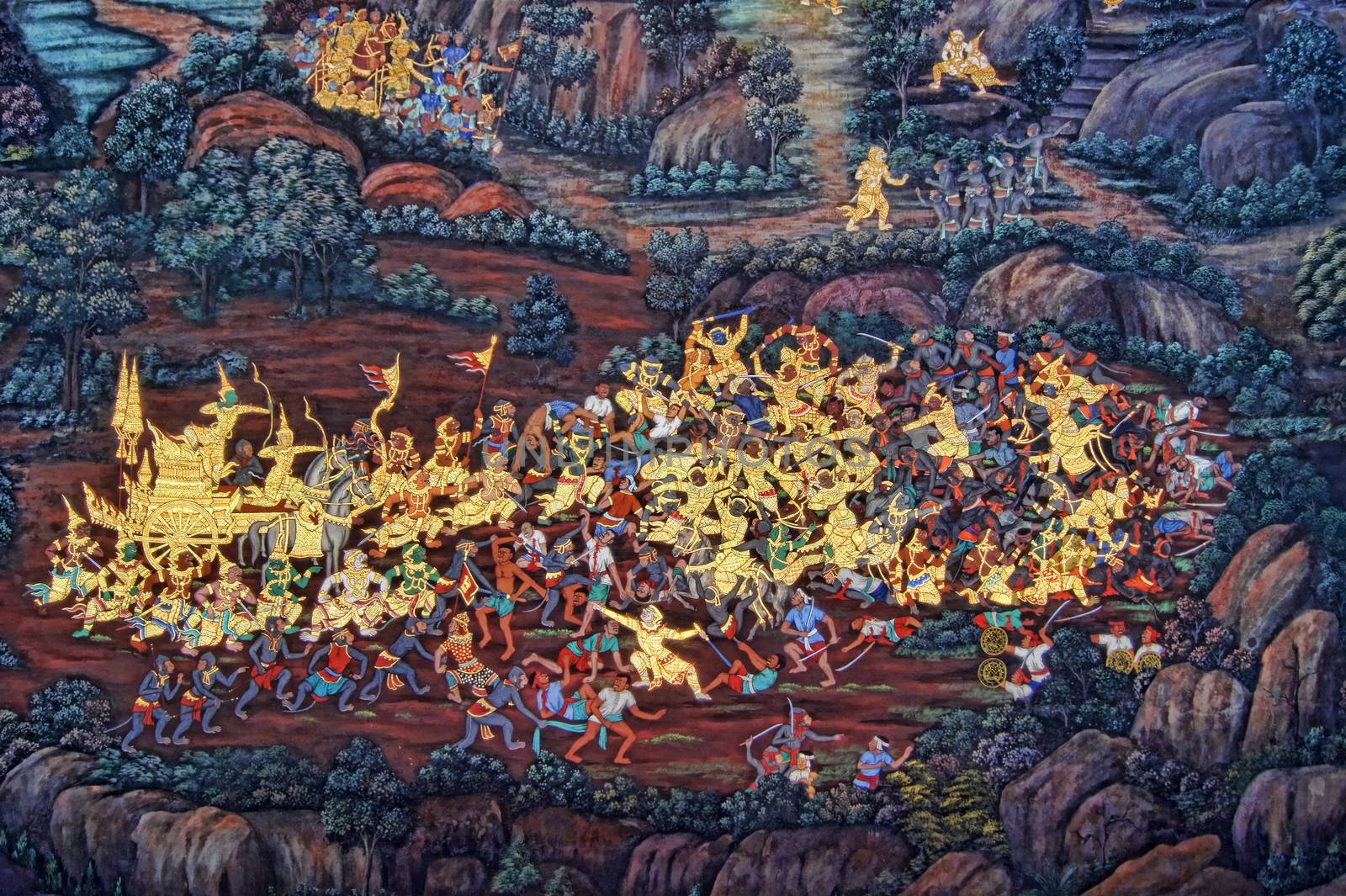 Masterpiece Ramayana painting in temple of emerald Buddha in Grand Palace in Thailand