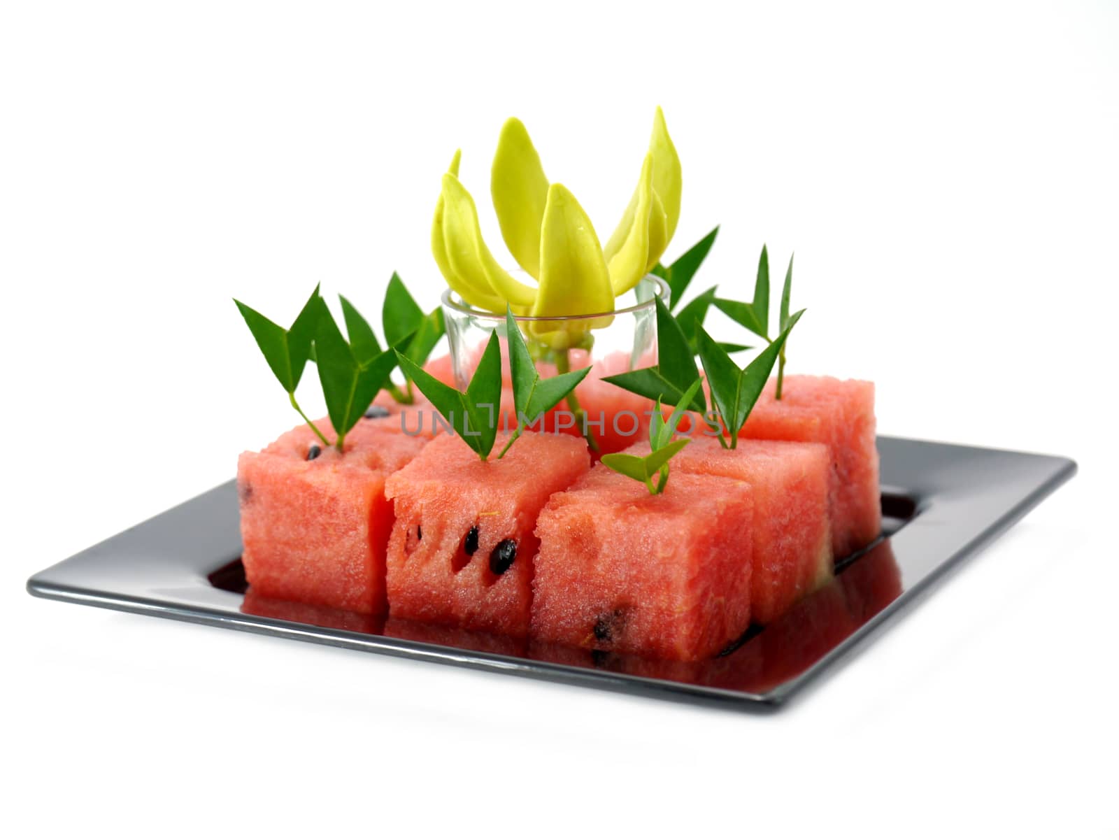 Watermelon cut into cubes.