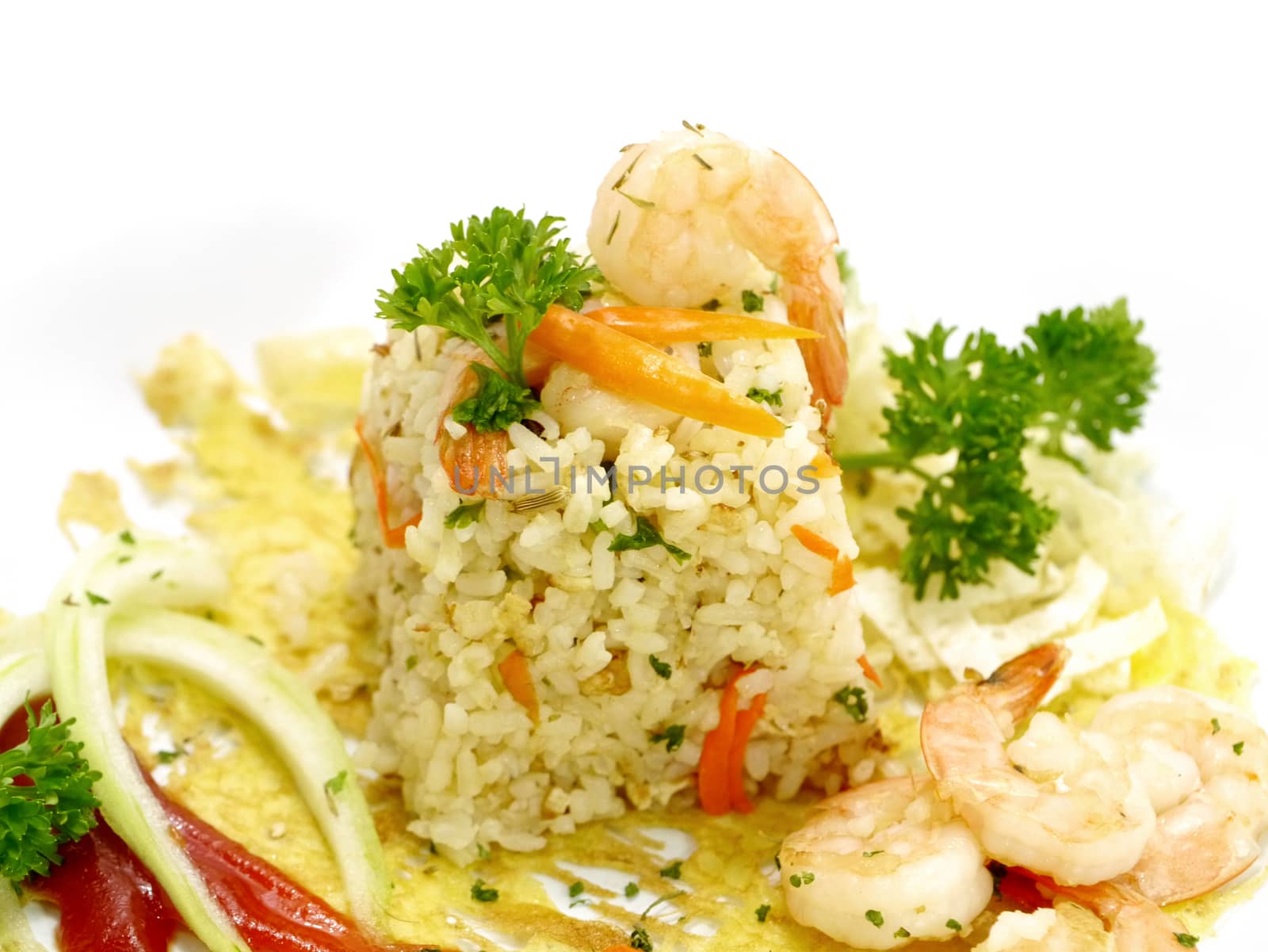 Fried rice with shrimp and parsley leaves.