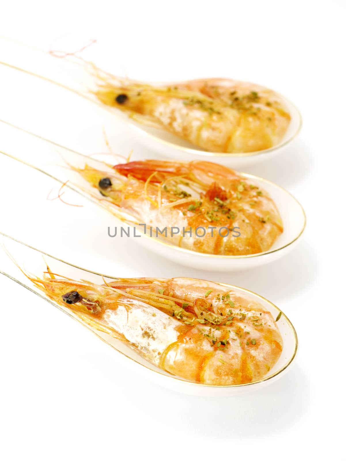 Baked butter shrimp on white background