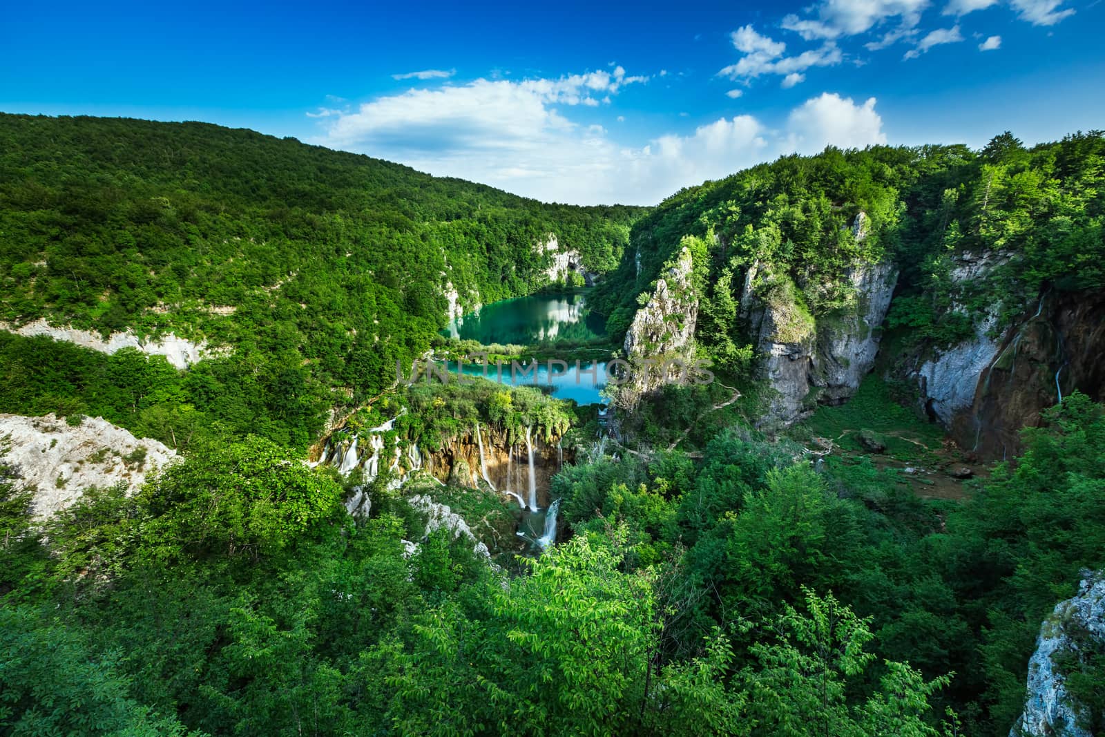 Aerial View on Waterfalls in Plitvice National Park, Donja Jezera, Croatia