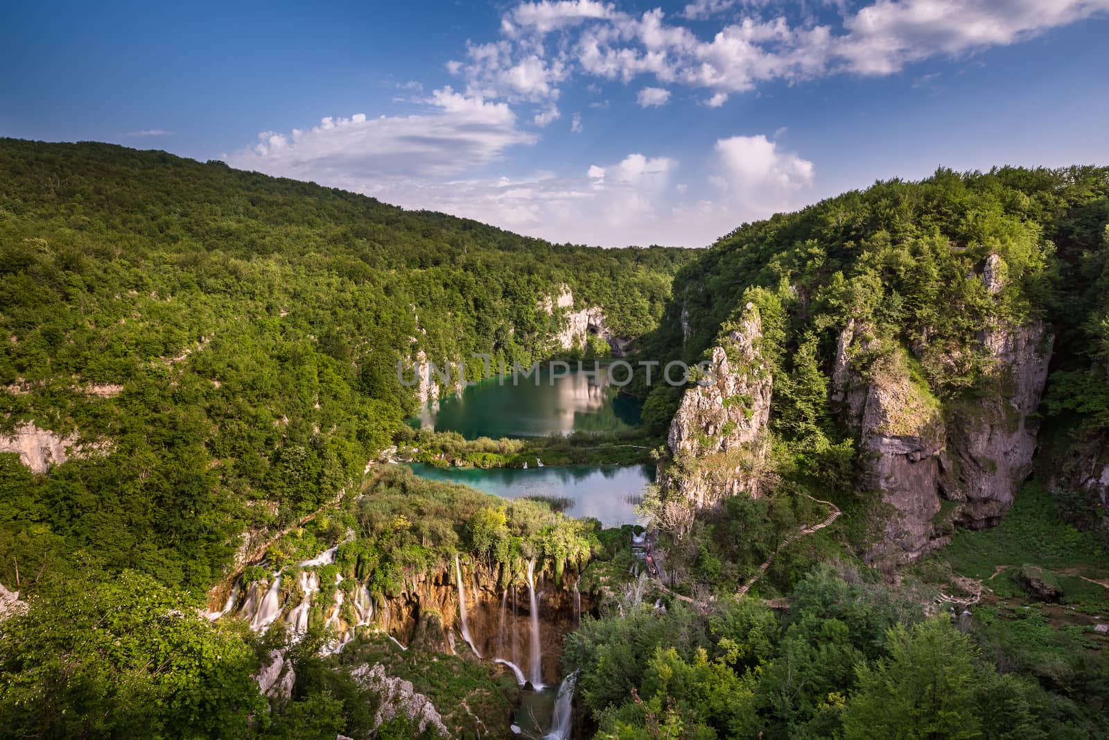 Aerial View on Waterfalls in Plitvice National Park, Donja Jezera, Croatia
