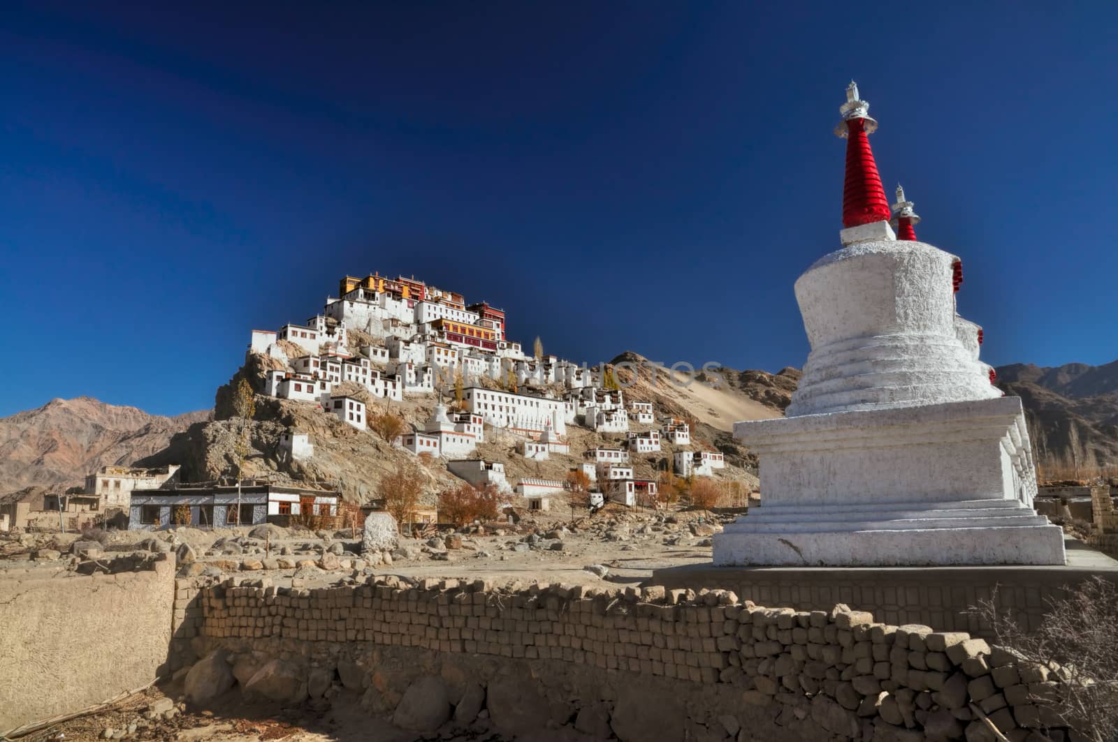 Thiksey monastery bathing in sunlight surrounded by mountains, India