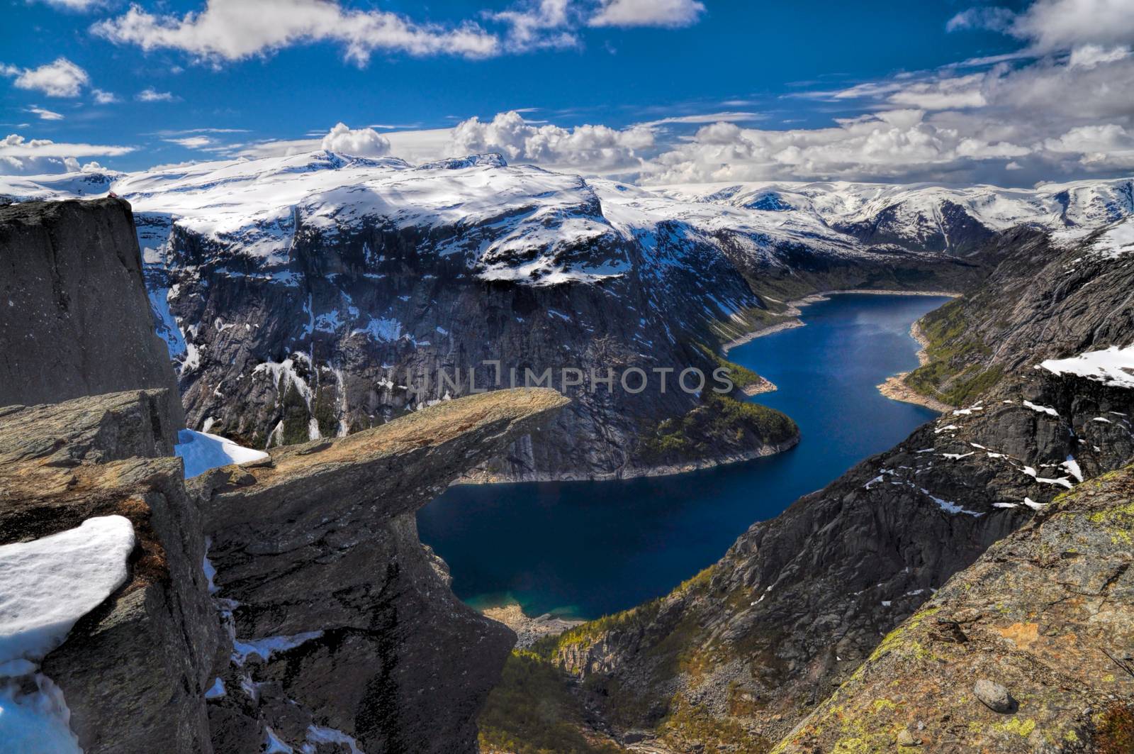 Picturesque view of Trolltunga and the fjord underneath, Norway 