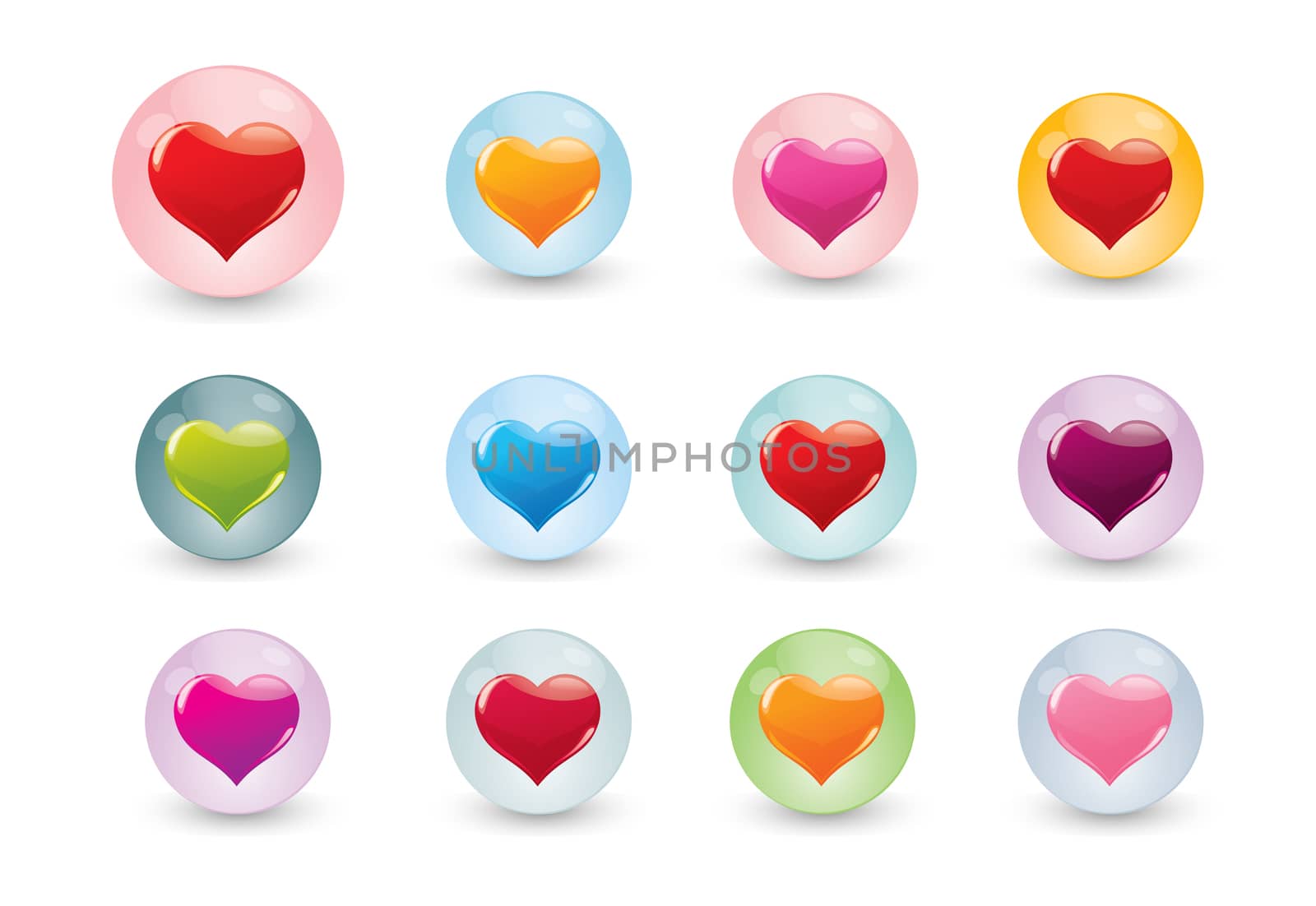 valentine icons composed from glassy balls of different colors and hearts inside of t
