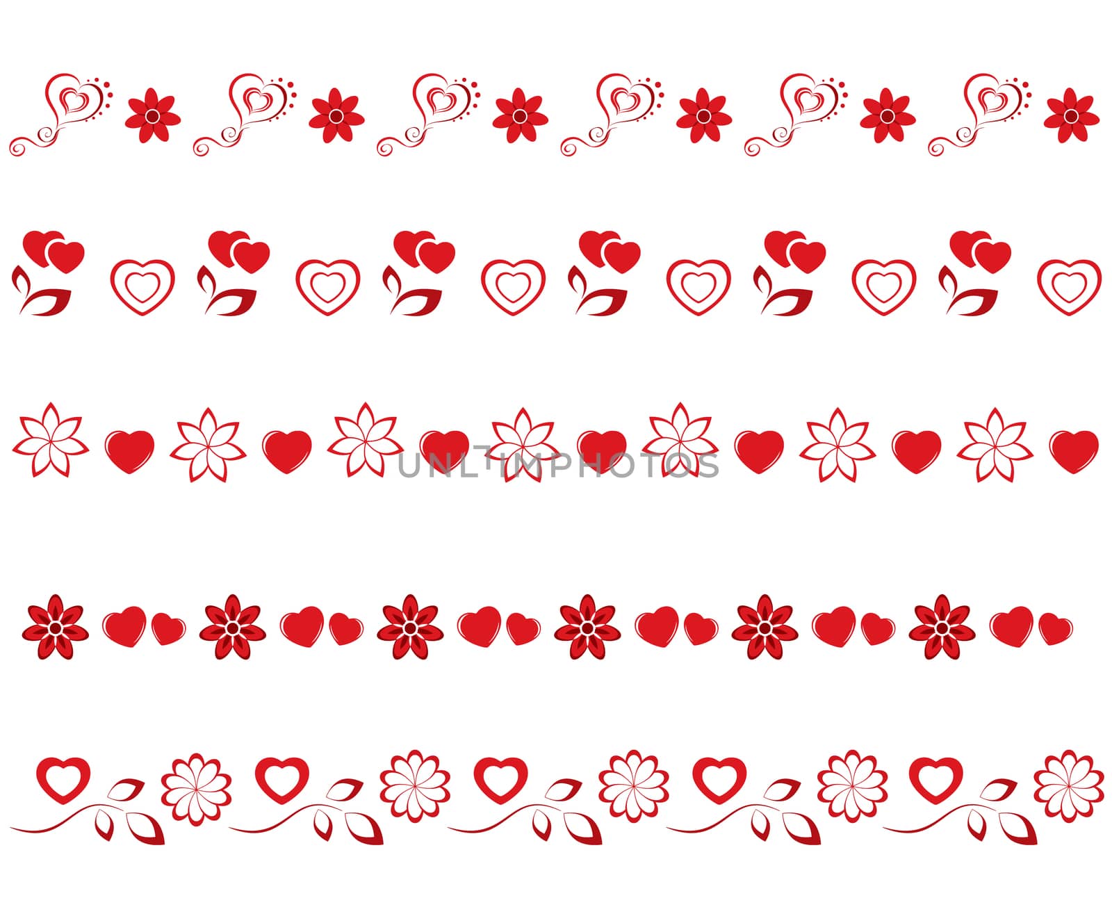 valentines borders set composed from hearts, flowers and leafs  on valentine theme