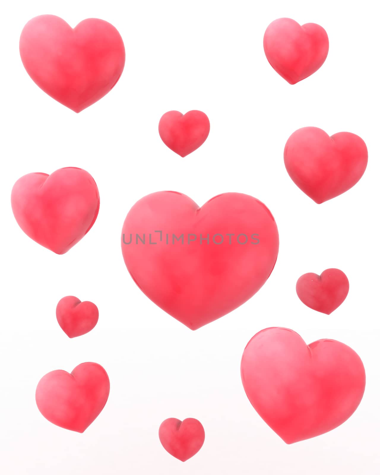 flying red hearts isolated on the white background