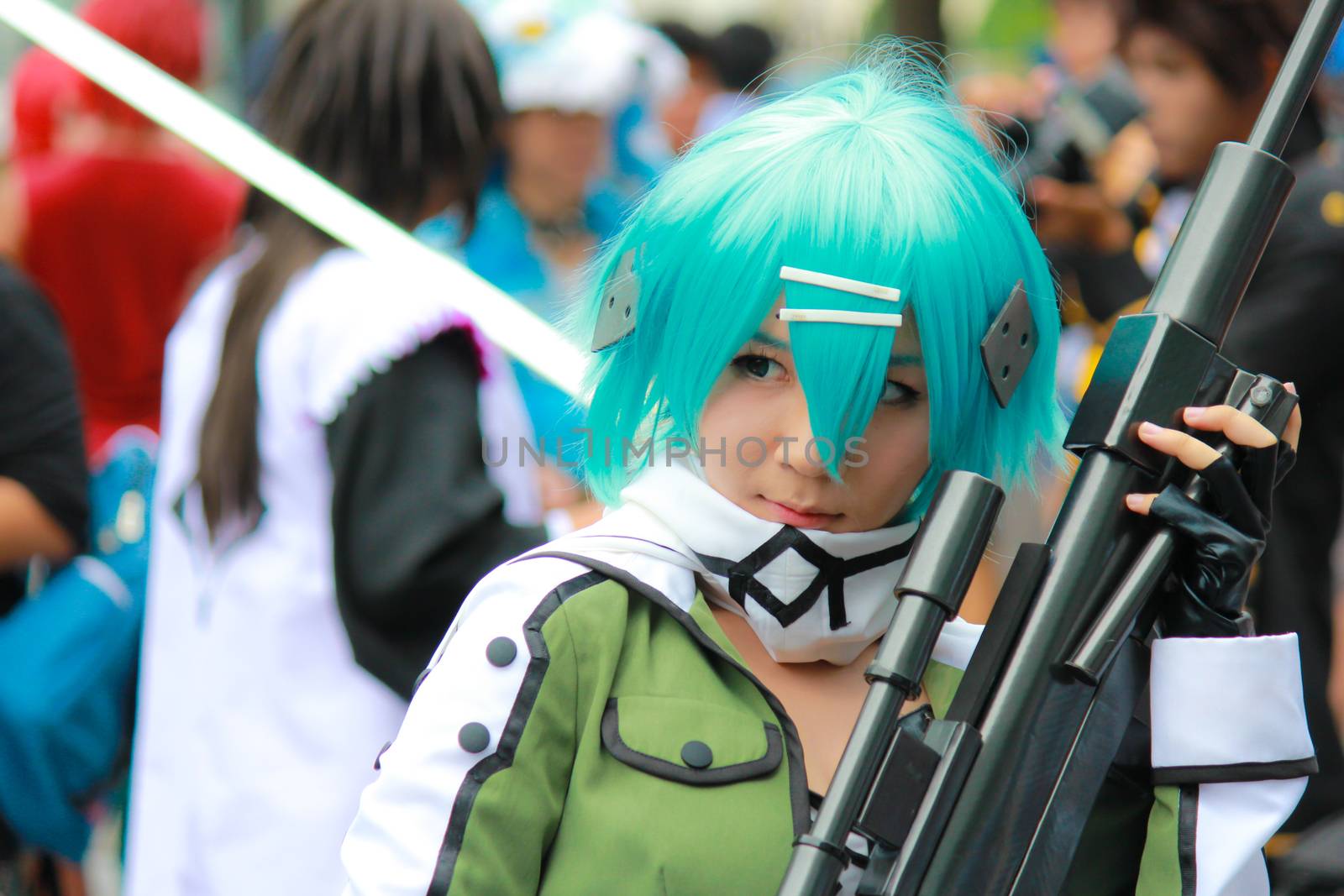 Bangkok - Aug 31: An unidentified Japanese anime cosplay Sinon pose  on August 31, 2014 at Central World, Bangkok, Thailand.